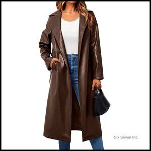 Faux Leather Trench Coat Belted Maxi Jacket Open Front Notched Lapel